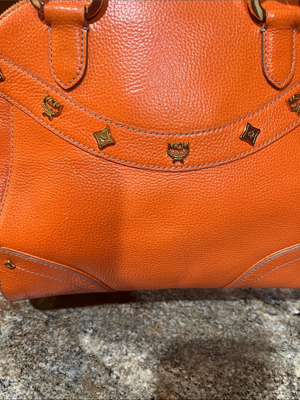 MCM Orange Pebbled Leather Dome Satchel with Gold-Tone Accents - Picture 5 of 13